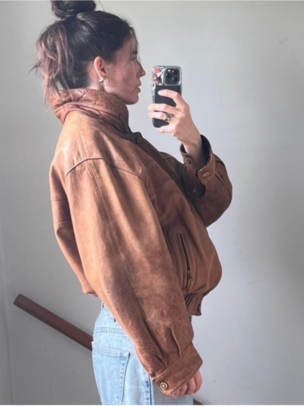 Vintage 90s Leather Bomber Jacket | Quilted Funnel Neck | Oversized Brown | L - Picture 2 of 16